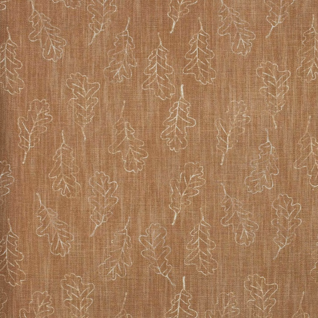 Warm oak-brown fabric with fine cream oak leaf outlines and a subtle vertical weave
