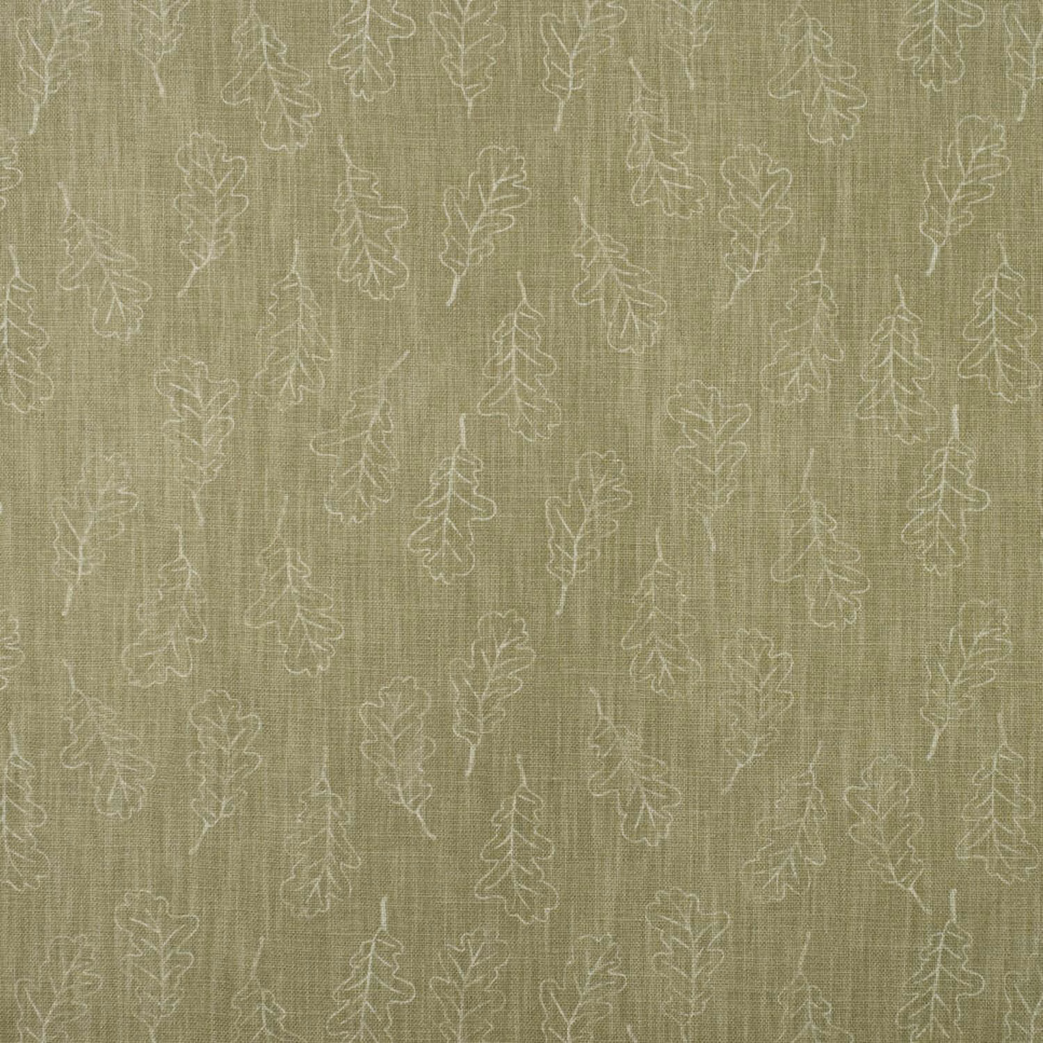 Muted lichen-olive woven fabric with pale outlined oak leaves and vertical slub texture