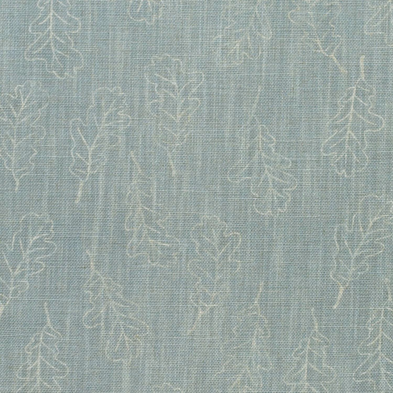 Misty blue-grey woven fabric with pale oak leaf and trailing branch outlines