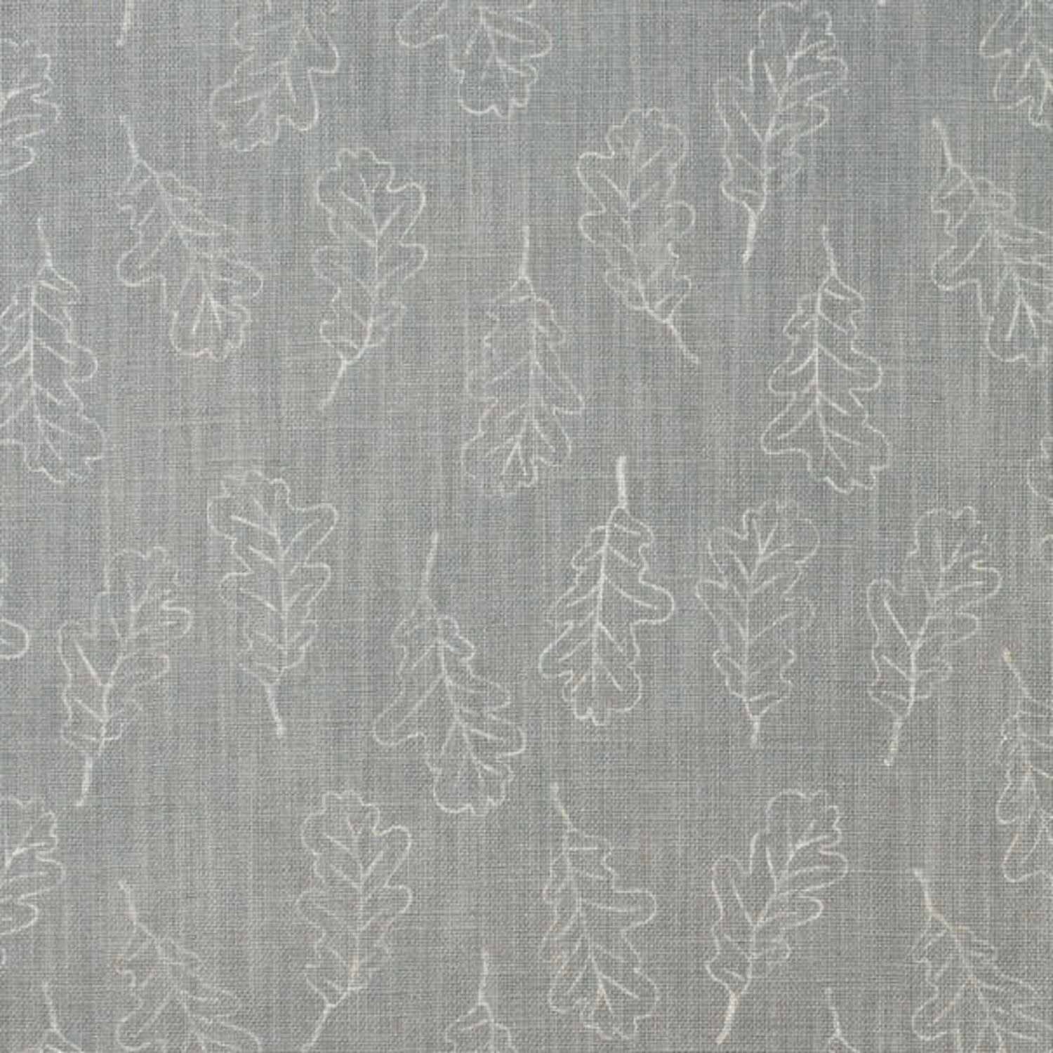 Cool grey woven fabric with ivory oak leaf outlines and fine vertical texture