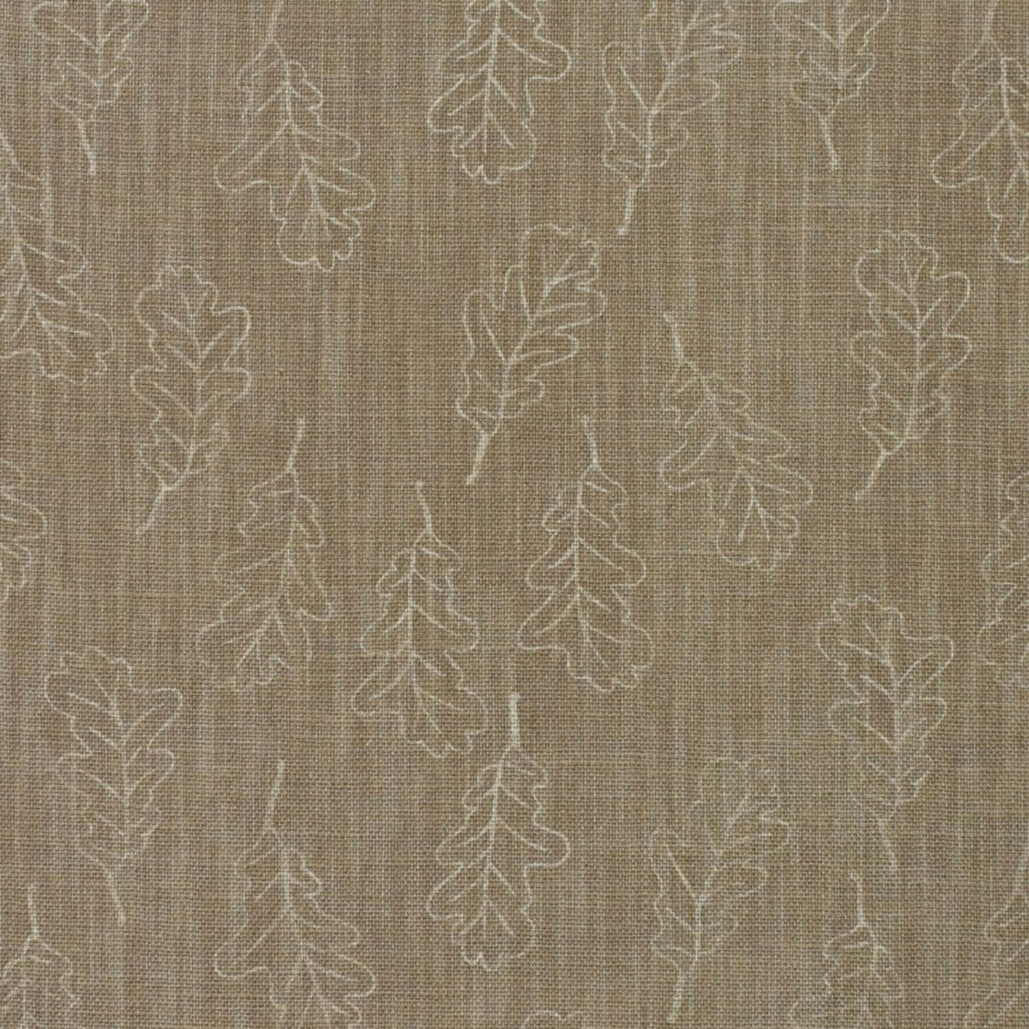 Warm taupe woven fabric with scattered ivory oak leaf outlines and textured slub