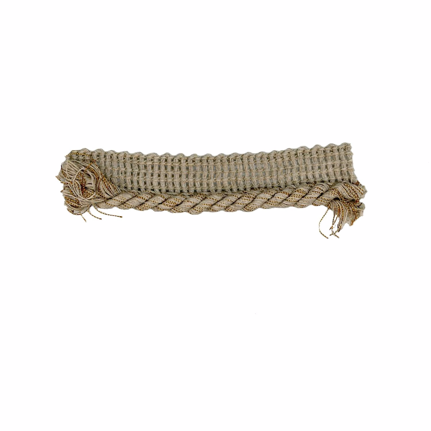 Warm taupe woven trim with fine gold threads, braided edge and fringed ends