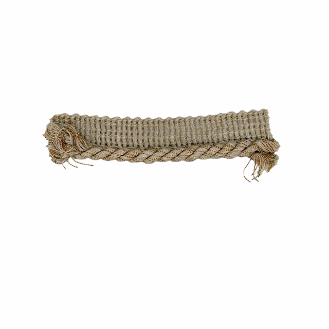 Warm taupe woven trim with fine gold threads, braided edge and fringed ends