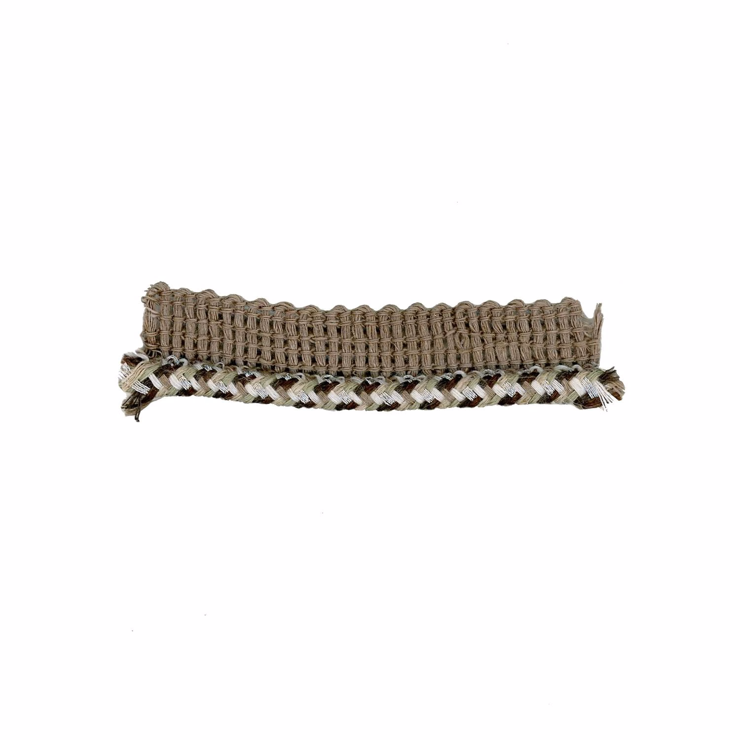 Taupe-grey looped trim with a braided cream, charcoal and olive-toned lower edge