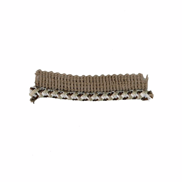 Taupe-grey looped trim with a braided cream, charcoal and olive-toned lower edge