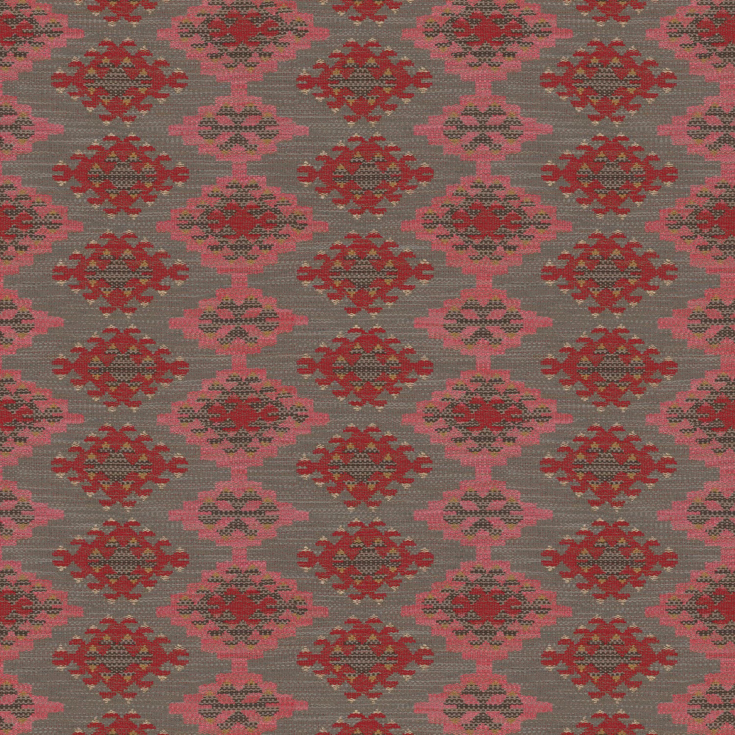 Taupe-grey woven fabric with dusty pink and deep red geometric diamond motifs