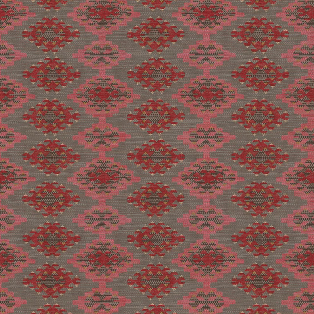 Taupe-grey woven fabric with dusty pink and deep red geometric diamond motifs