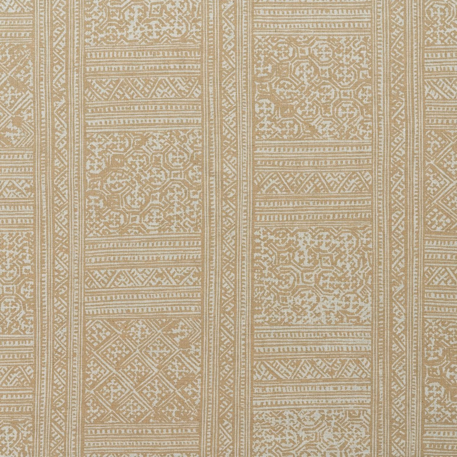 Warm almond and ivory woven panels with medallions and striped geometric borders
