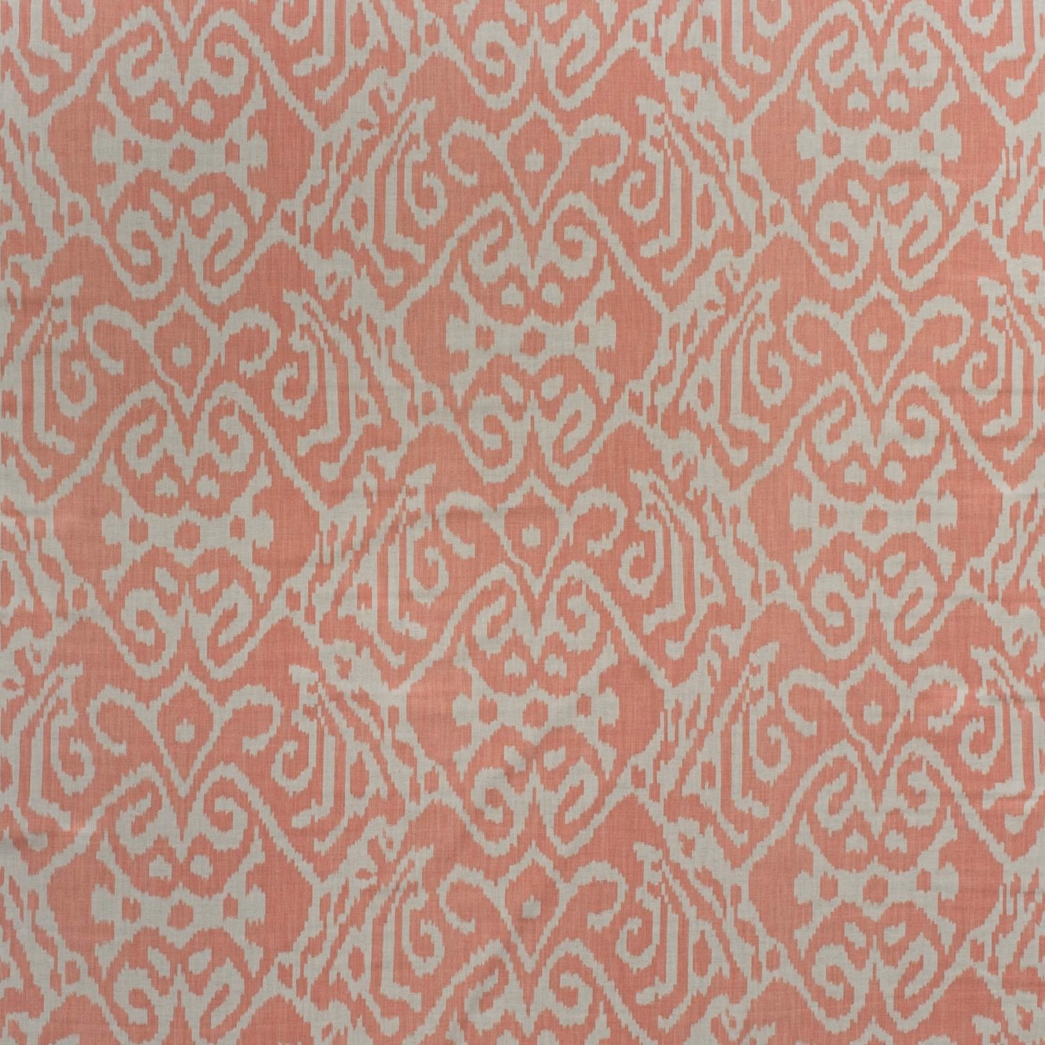 Dusty coral cotton print with pale blue-grey ikat motifs and fine vertical texture