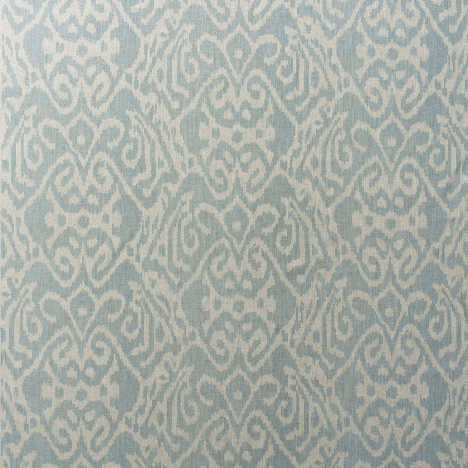 Pale duck-egg cotton with ivory scrolling ikat motifs and softly textured print