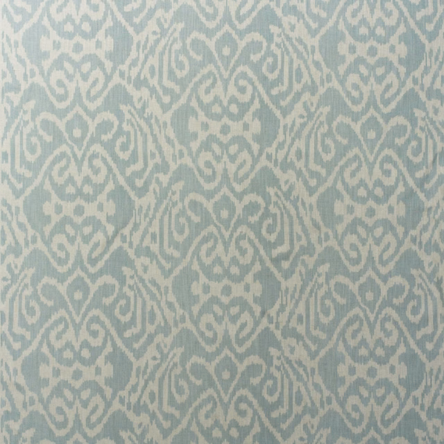 Pale duck-egg cotton with ivory scrolling ikat motifs and softly textured print