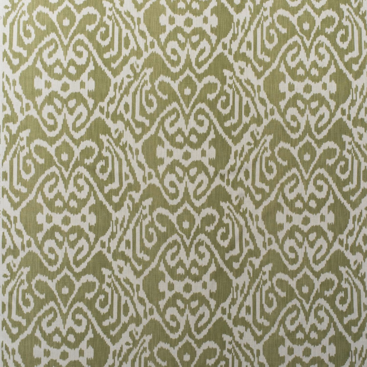 Muted olive-green cotton print with warm ivory mirrored ikat leaf and scroll motifs