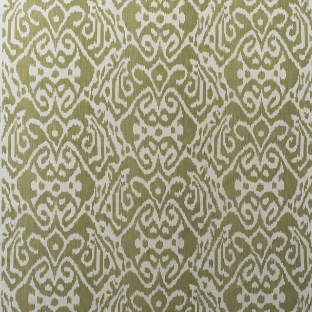 Muted olive-green cotton print with warm ivory mirrored ikat leaf and scroll motifs