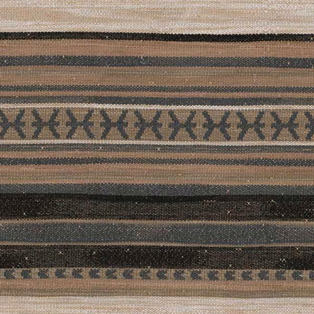 Taupe and charcoal horizontal woven stripes with a repeating dark geometric band