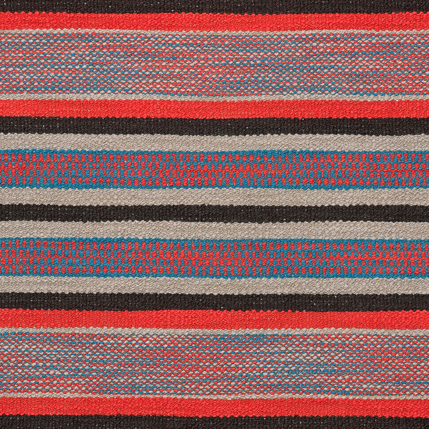 Red, teal, charcoal and cream horizontal stripes in a richly textured woven cloth