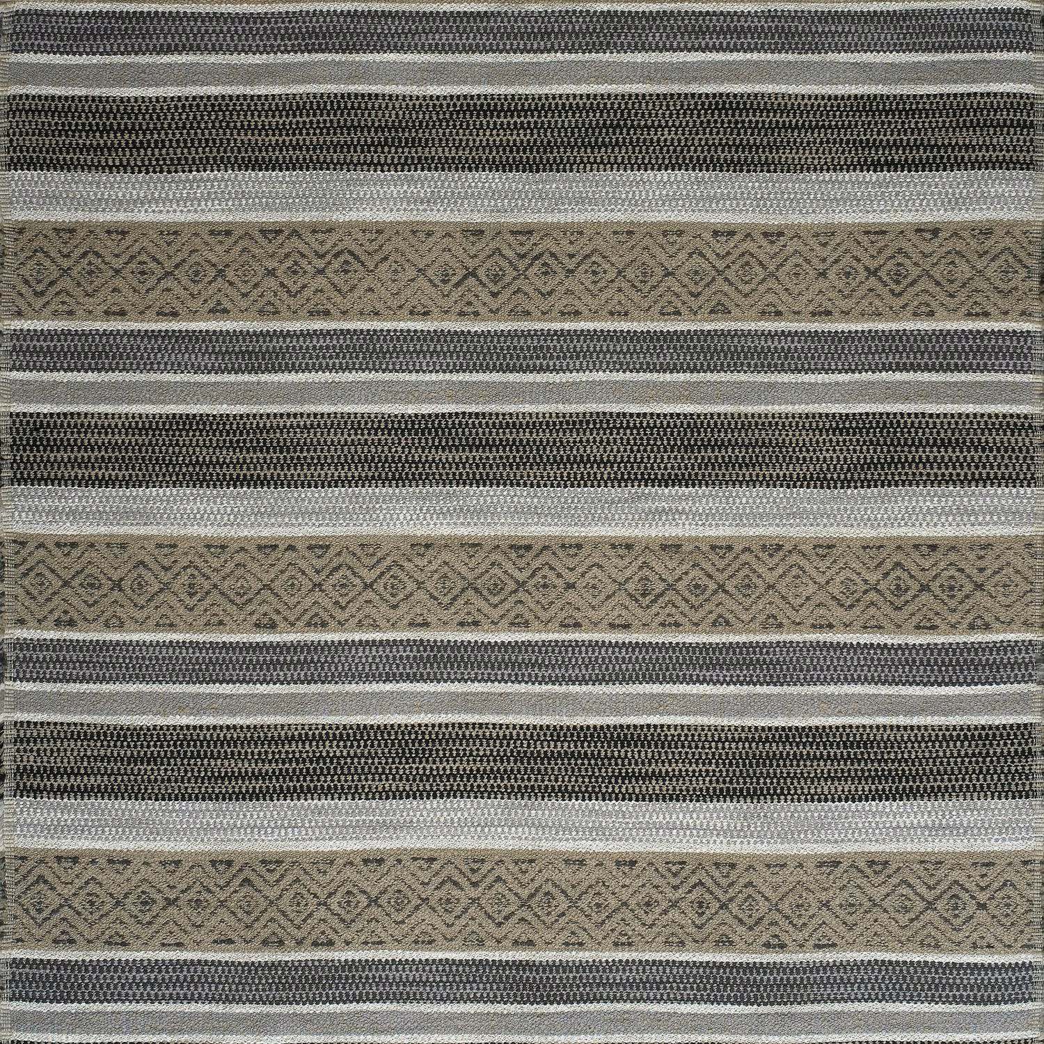 Taupe, charcoal and ivory woven fabric with horizontal stripes and diamond motifs