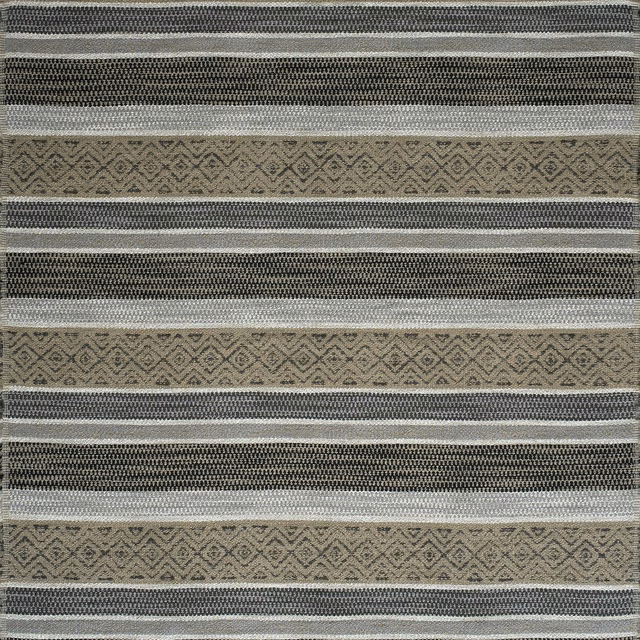 Taupe, charcoal and ivory woven fabric with horizontal stripes and diamond motifs