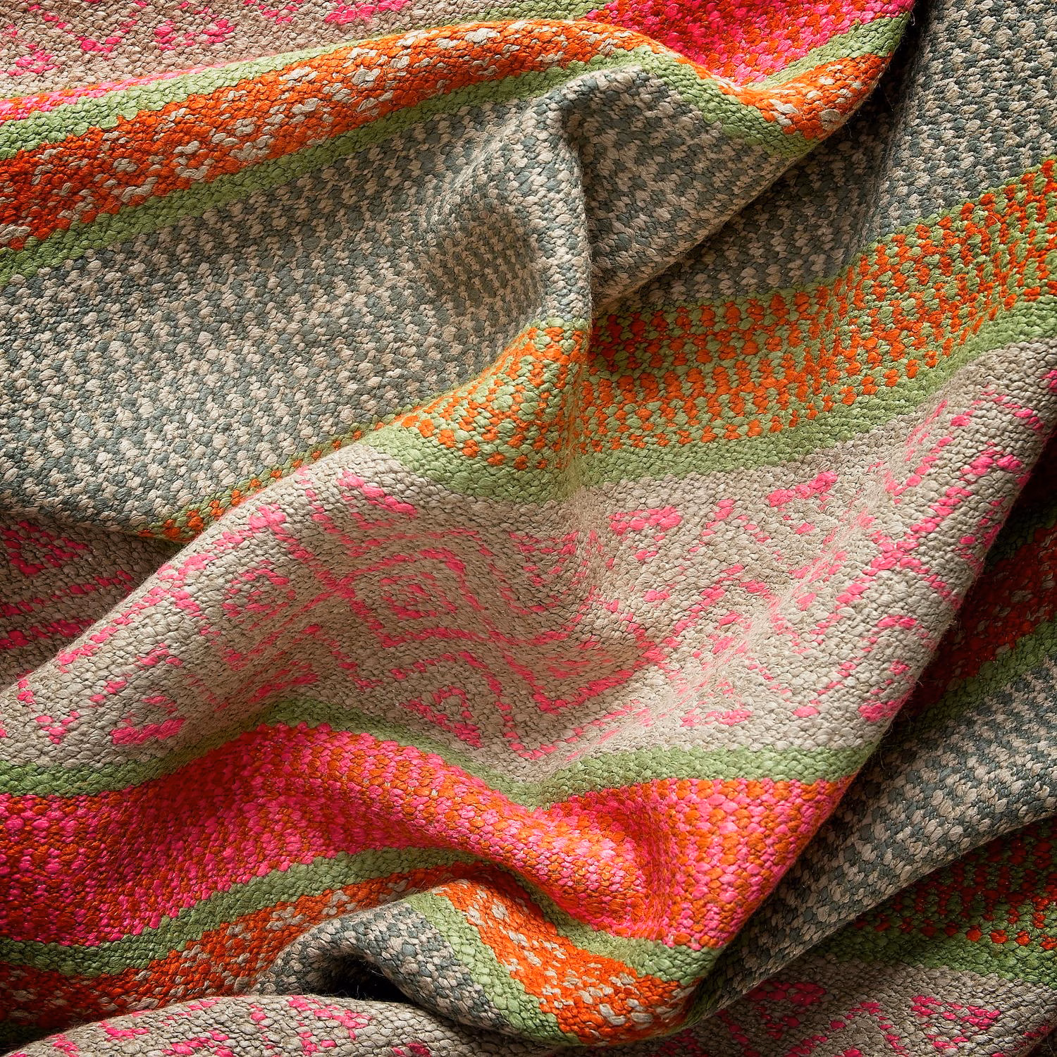 Textured Pampas Pink weave with magenta, coral, sage and grey patterned bands
