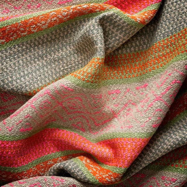Textured Pampas Pink weave with magenta, coral, sage and grey patterned bands