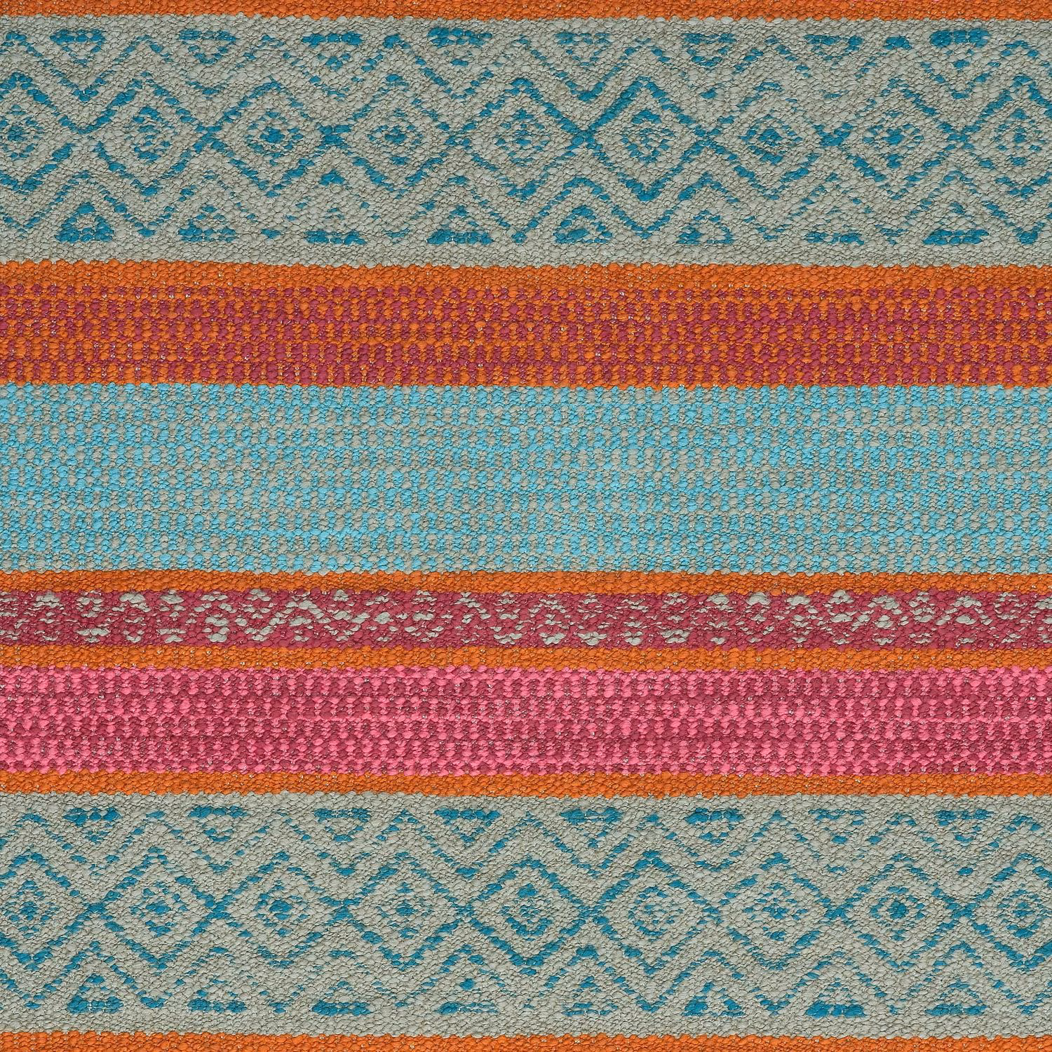 Teal woven swatch with diamond bands and rust, plum and pink stripes