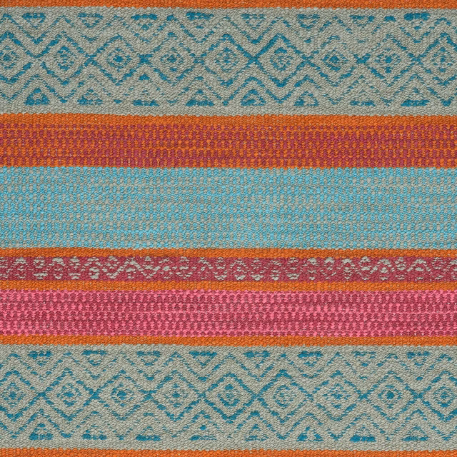 Teal woven swatch with diamond bands and rust, plum and pink stripes