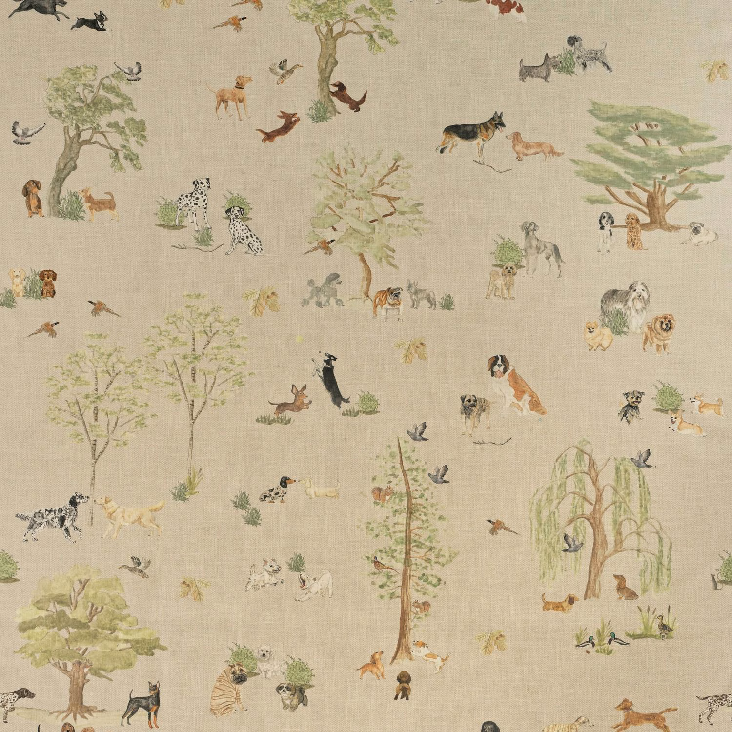 Oatmeal beige animal menagerie fabric with sage trees, russet figures and fine woven texture