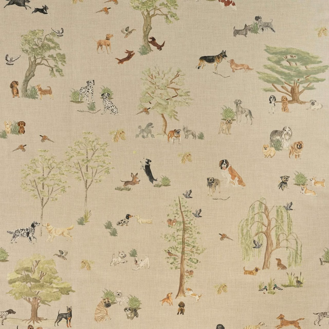 Oatmeal beige animal menagerie fabric with sage trees, russet figures and fine woven texture