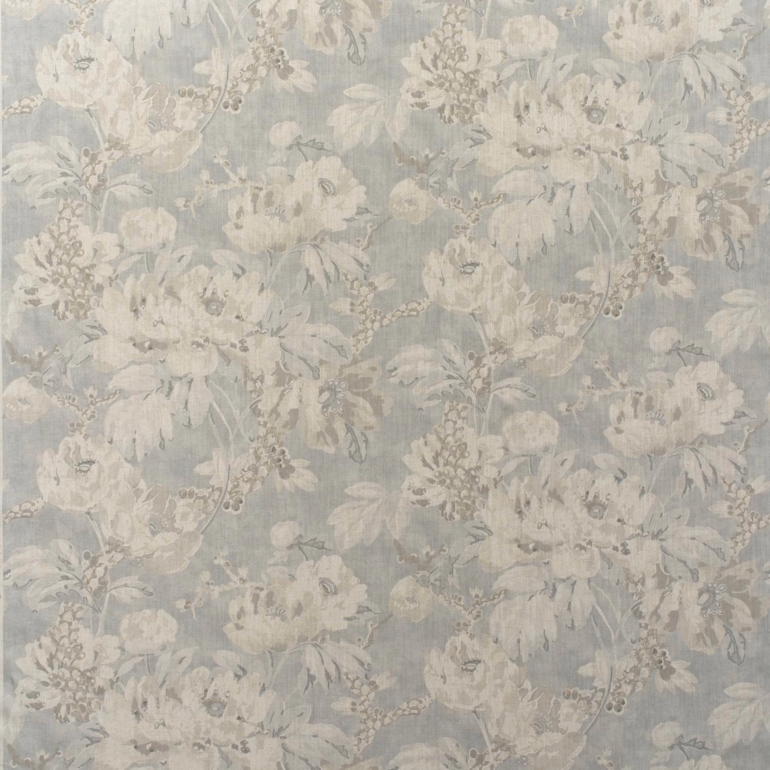 Pale blue-grey cotton print with ivory peonies and muted taupe foliage