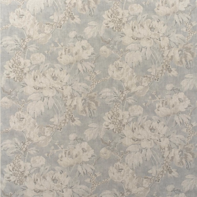 Pale blue-grey cotton print with ivory peonies and muted taupe foliage
