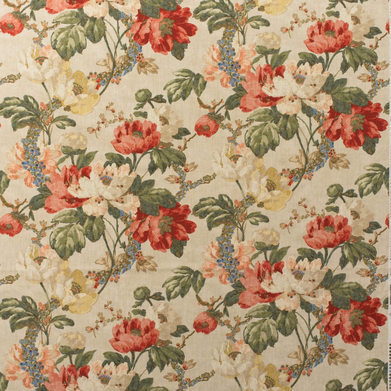 Natural cream cotton with red peonies, leafy green stems and blue floral sprigs