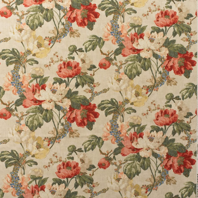 Natural cream cotton with red peonies, leafy green stems and blue floral sprigs