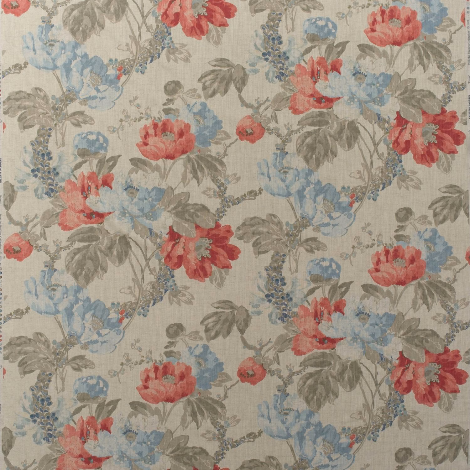 Coral, powder-blue and grey floral print on a pale warm-grey cotton ground
