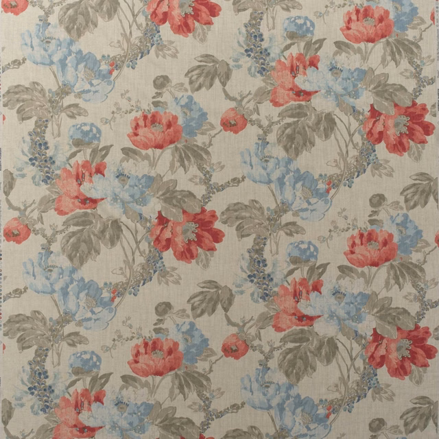 Coral, powder-blue and grey floral print on a pale warm-grey cotton ground