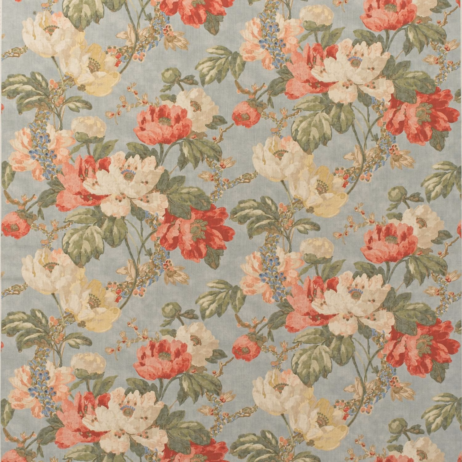 Blue-grey cotton floral print with coral peonies, cream blooms and green leaves