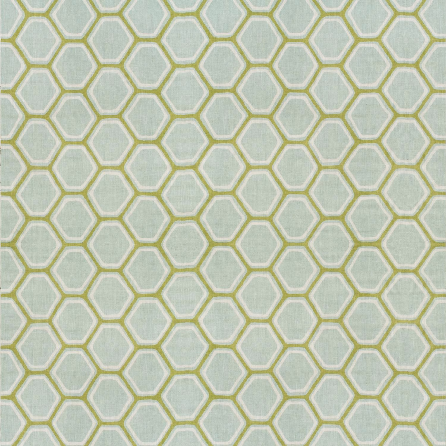 Pale duck egg fabric with soft olive hexagonal lattice and fine linen-like texture