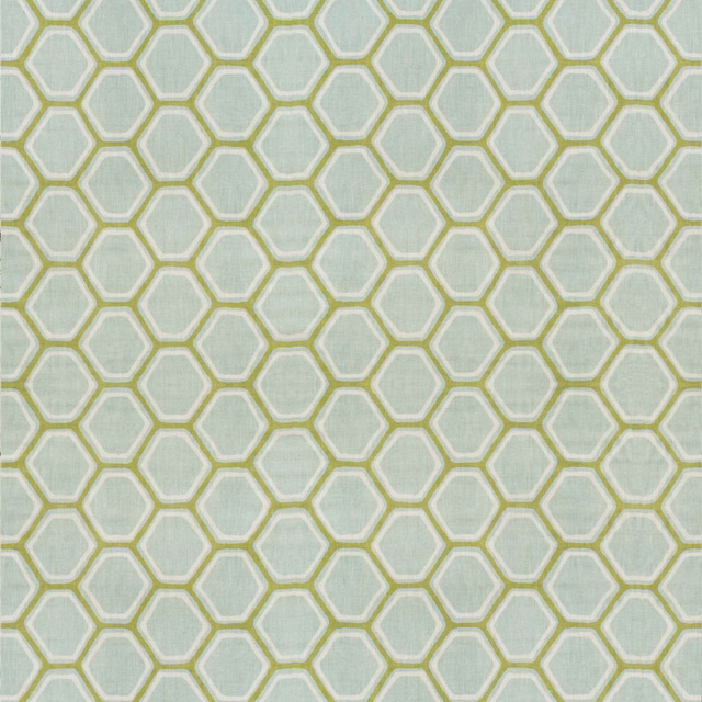 Pale duck egg fabric with soft olive hexagonal lattice and fine linen-like texture