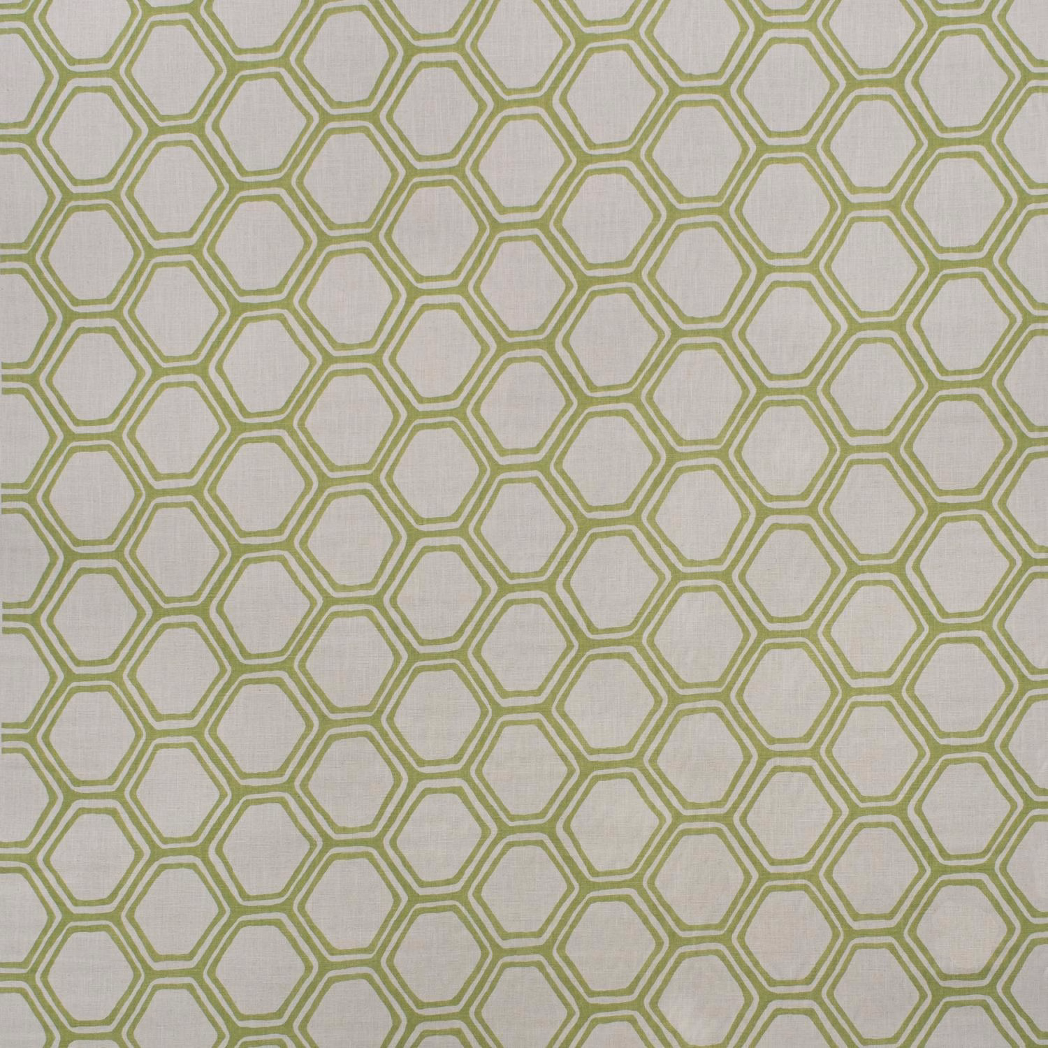Pale stone fabric with repeated muted olive-green outlined hexagons and visible woven texture
