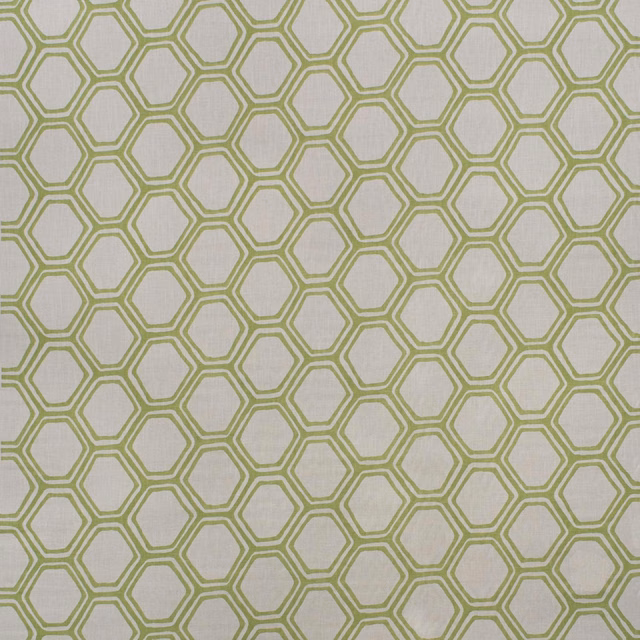 Pale stone fabric with repeated muted olive-green outlined hexagons and visible woven texture