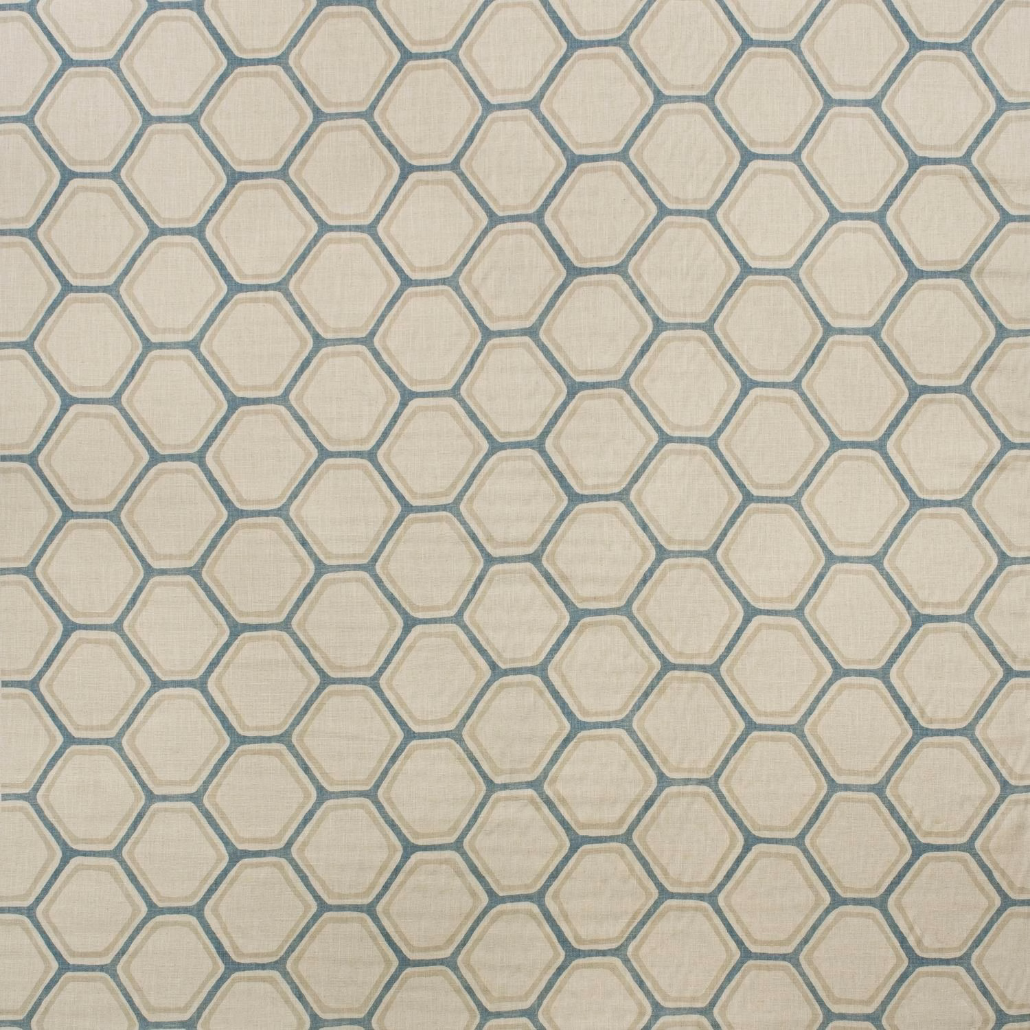 Ivory fabric with muted blue-grey outlined hexagons and a fine linen-like weave