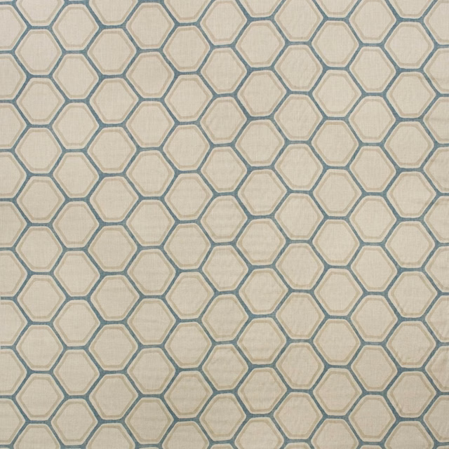 Ivory fabric with muted blue-grey outlined hexagons and a fine linen-like weave