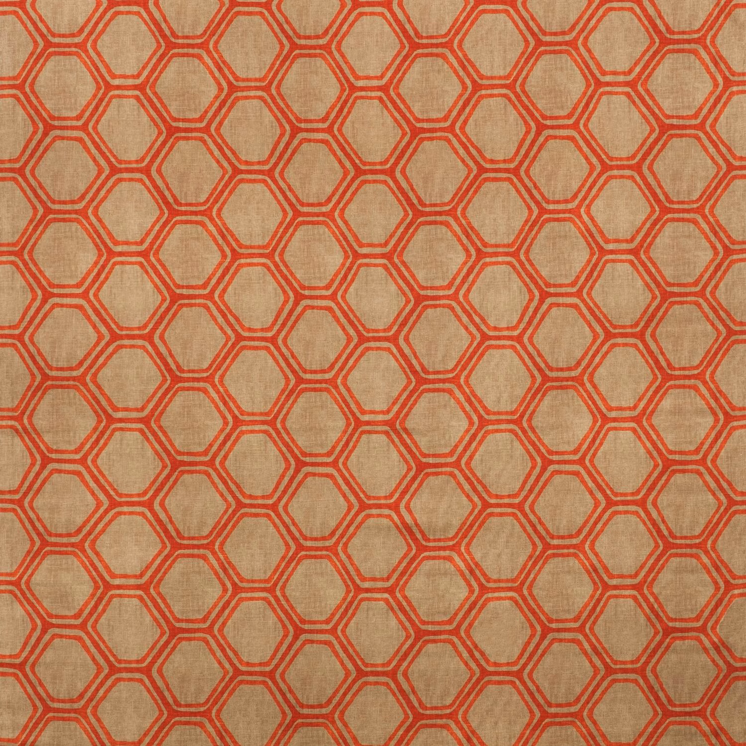 Warm nutmeg textile with a red double-line hexagon lattice and woven texture