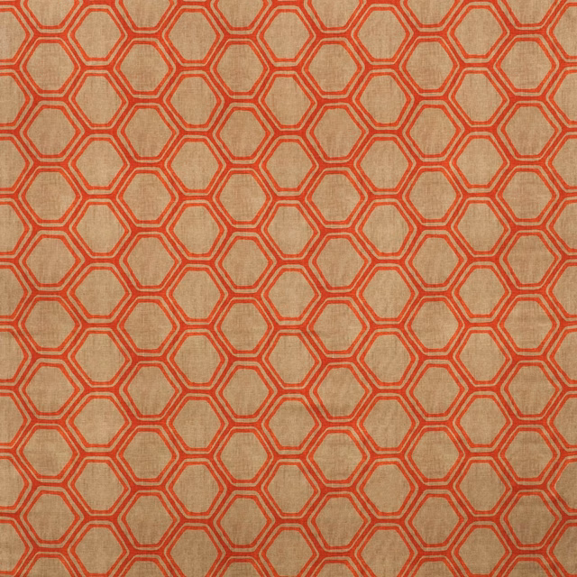 Warm nutmeg textile with a red double-line hexagon lattice and woven texture