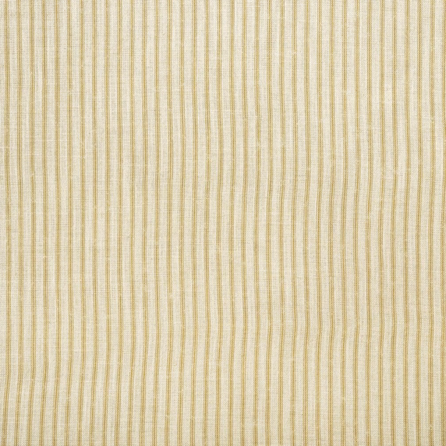 Cream woven fabric with fine irregular honey-gold vertical stripes and tactile texture