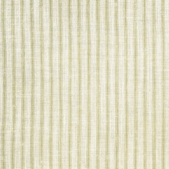 Ivory woven fabric with narrow sage-green vertical leaf-like stripes