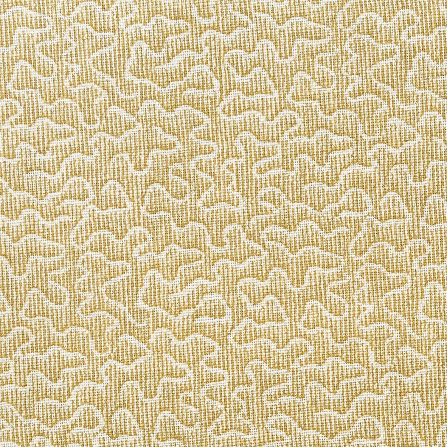 Honey-gold woven textile with fine ivory looping squiggles and a tactile grid texture