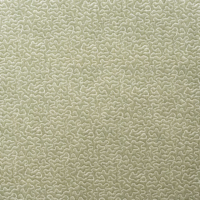 Sage-olive fabric with a dense pale looping leaf pattern and tactile woven texture