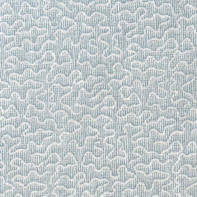 Pale blue-grey woven fabric with a fine abstract white looping motif