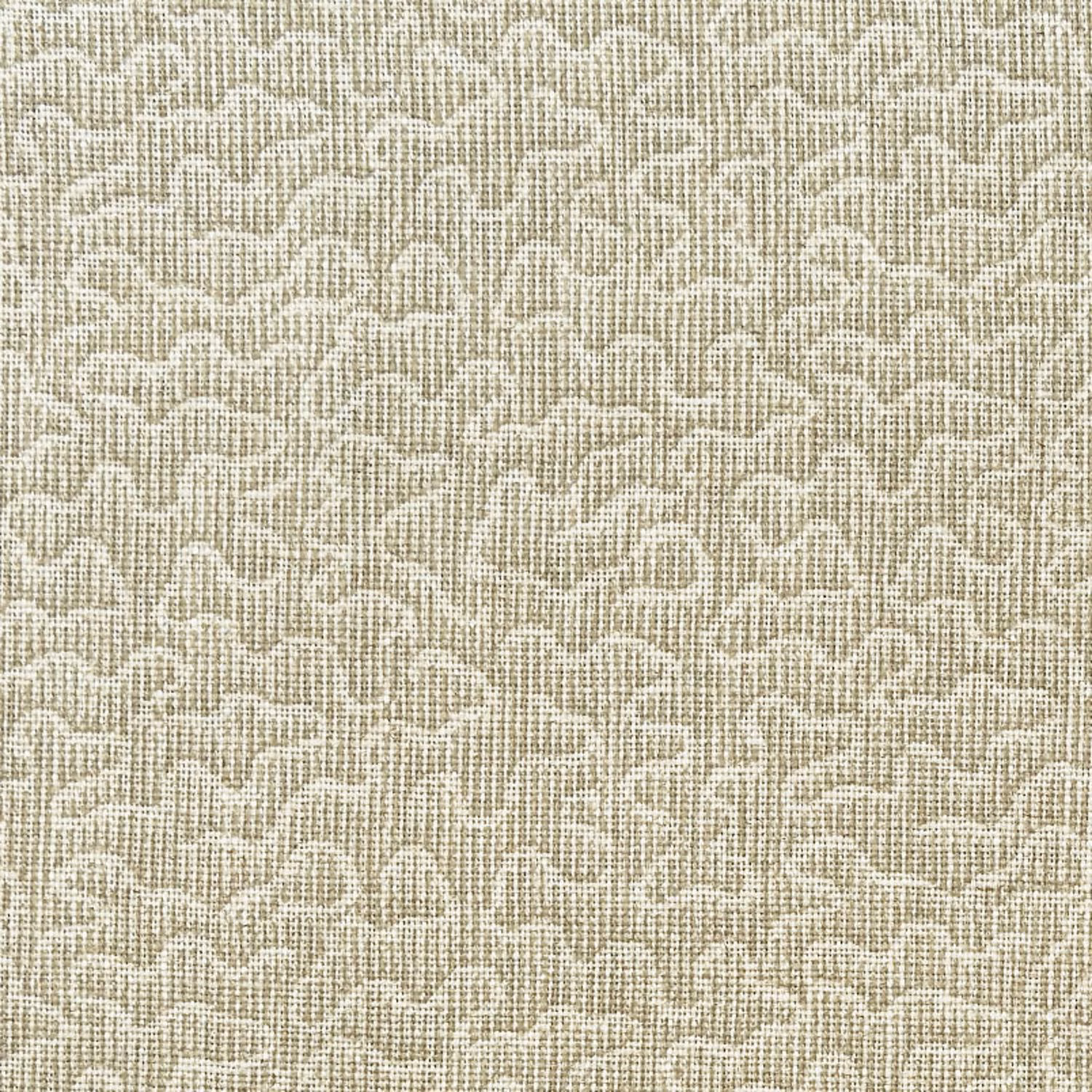 Warm stone beige woven fabric with small pale looping motifs and tactile crosshatch texture