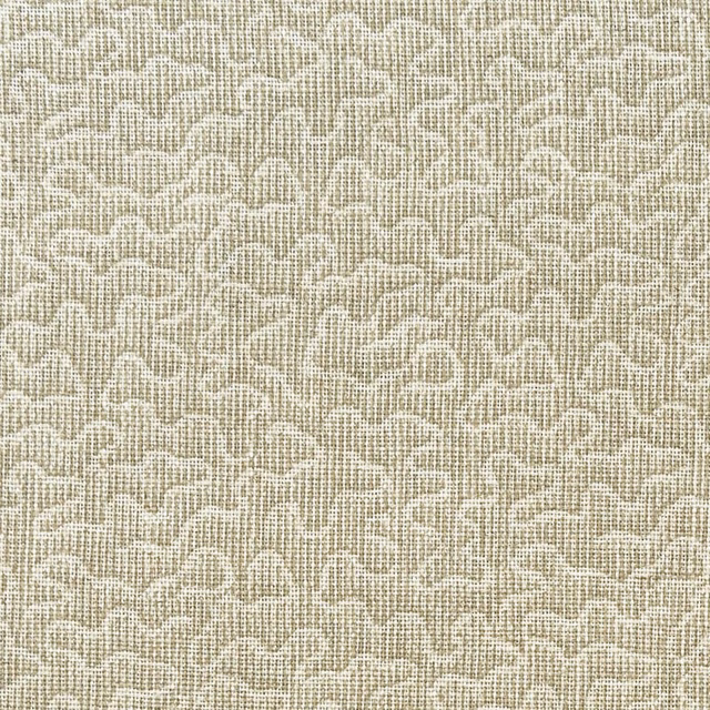 Warm stone beige woven fabric with small pale looping motifs and tactile crosshatch texture