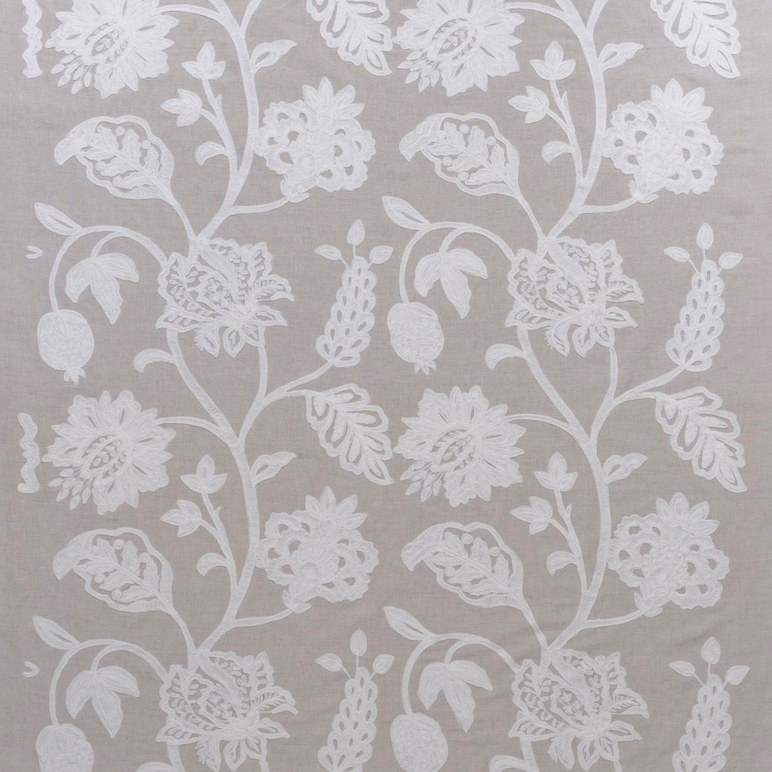 Ivory embroidered pomegranate florals on a warm taupe-grey woven ground